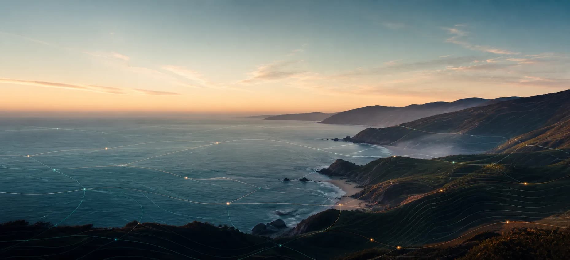 California coastline at sunset with subtle connected network lines